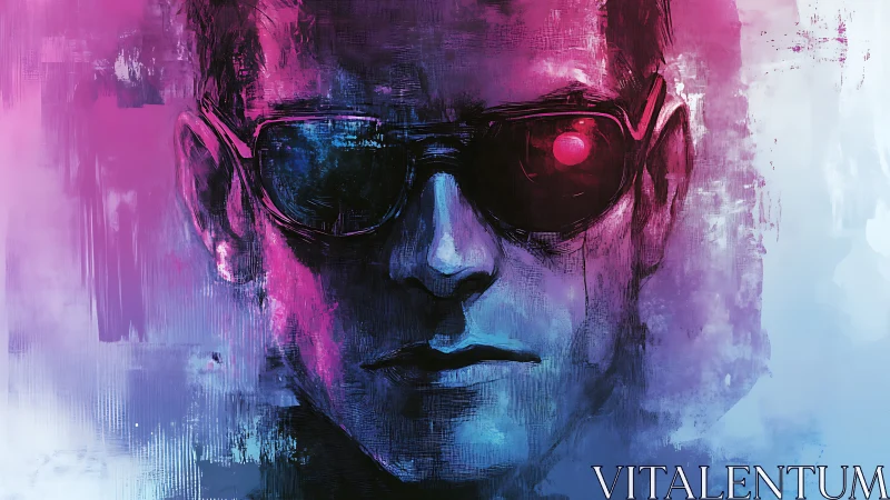 Cybernetic gaze in neon vaporwave portrait artwork.