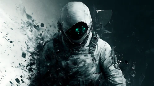 Solitary figure in fragmented white suit amid dark void.