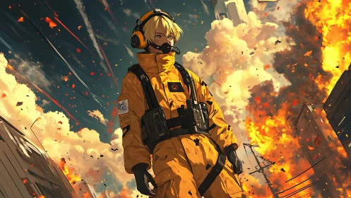 Fearless yellow-suited hero walking through blazing chaos.