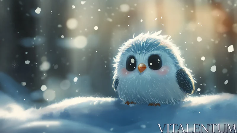 Cute fluffy bird in snowy forest, digital art with soft lighting.