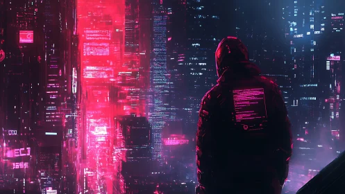 Solitary hacker surveys neon cyberpunk skyline at midnight