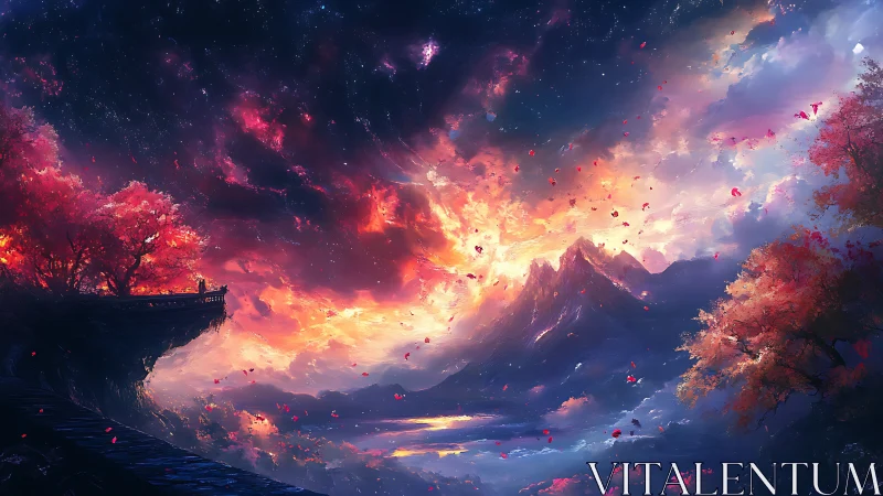 Mountain valley under vivid sky with silhouetted terrace.