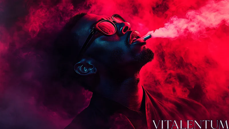 Neon-lit portrait captures smoke swirling in vivid red haze.
