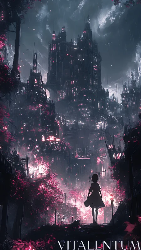 Lone silhouette confronts a neon-drenched gothic megacity at night.