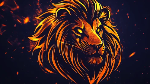 Fiery lion head glows fiercely against dark embers