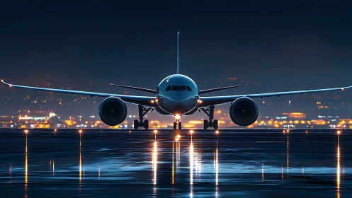Midnight runway glow with a jet ready to chase horizons.