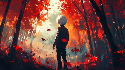 Solitary figure in vivid red autumn forest clearing.