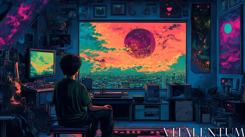 Neon cityscape fills a gamer&rsquo;s window with cosmic wonder.