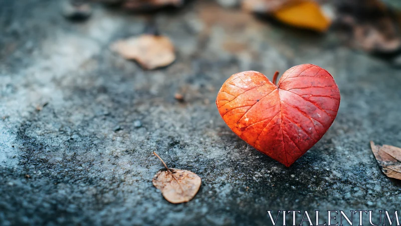 Heart-Shaped Leaf Resting on Stone Ground.
