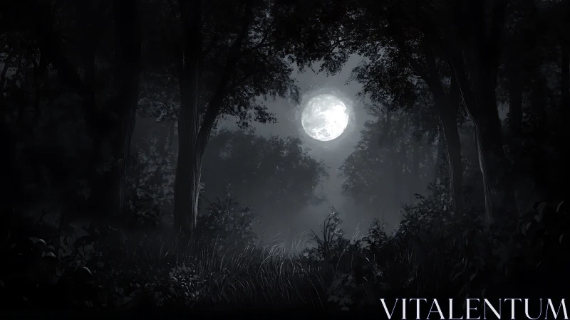 Full moon lighting a dark, dense nighttime forest scene