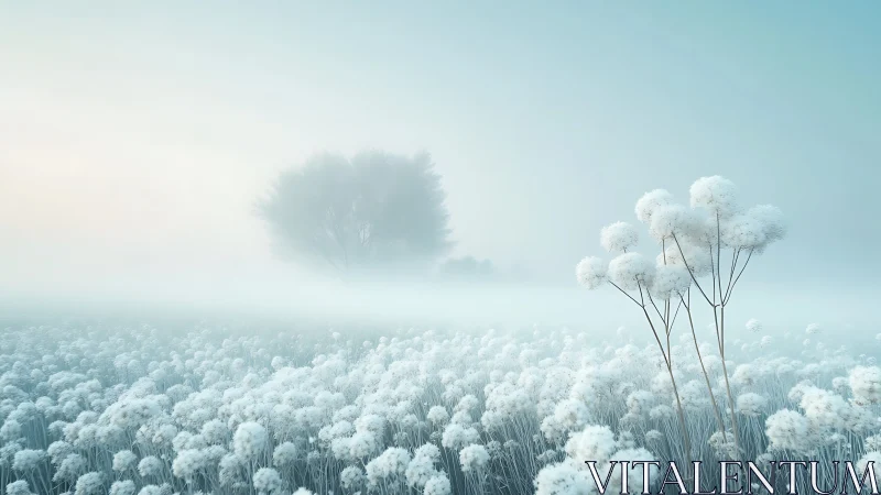 Ethereal white meadow fades into misty, pastel horizon.