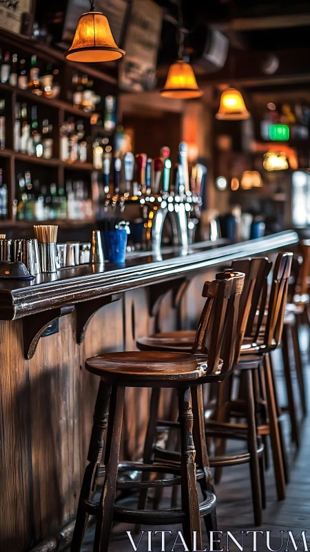 Warm wooden pub bar interior with stools and draft taps