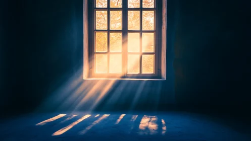 Golden sunrise light pours through an old paneled window.