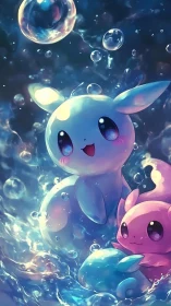 Playful water sprites sharing bubbly, glowing wonder together.