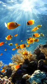 Coral reef scene with tropical fish in clear sunlit water.