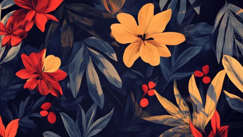 Vibrant Botanical Blooms Against Deep Navy Backdrop.
