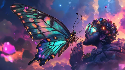 Man wearing jeweled headset faces large neon butterfly closely