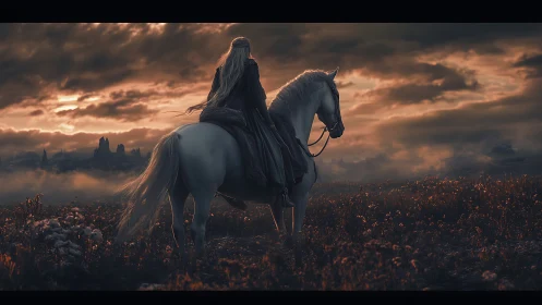 Lone rider on white horse surveys a stormlit fantasy plain.