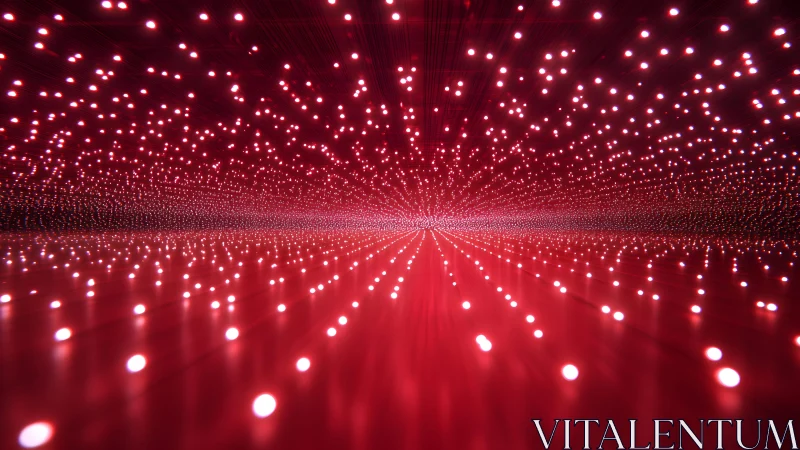 Futuristic red LED light tunnel with endless glowing dots pattern.