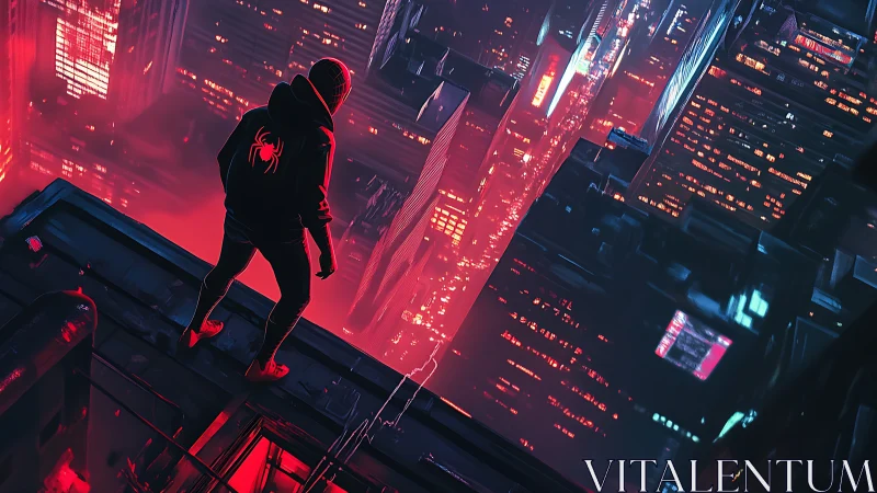 Rooftop hero quietly surveys a neon soaked futuristic city