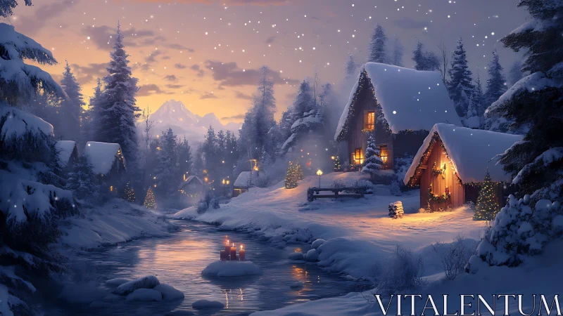 Snowlit riverside cabins under glowing winter dusk sky.