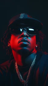 Moody hip hop portrait glowing in bold red and blue light.