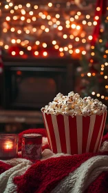Striped popcorn tub with candles in soft festive interior.