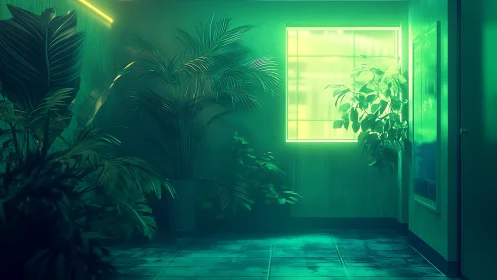 Neon window bathes lush indoor plants in teal corridor