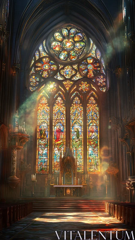 Gothic cathedral altar under radiant stained glass window.
