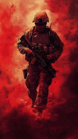Lone soldier strides through swirling crimson smoke.