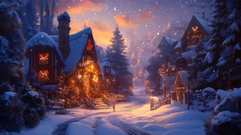 Snowy Christmas village street under glowing twilight sky.
