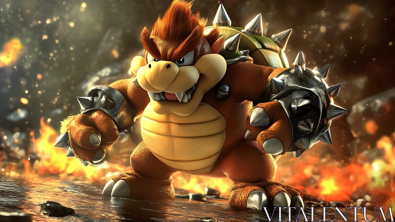 Armored reptilian warrior in molten battlefield lighting.