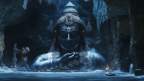 Colossal ice cave deity statue under cold blue torchlight