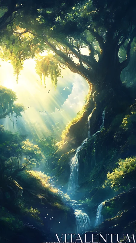 Luminous cavern with cascading waterfalls beneath ancient towering trees