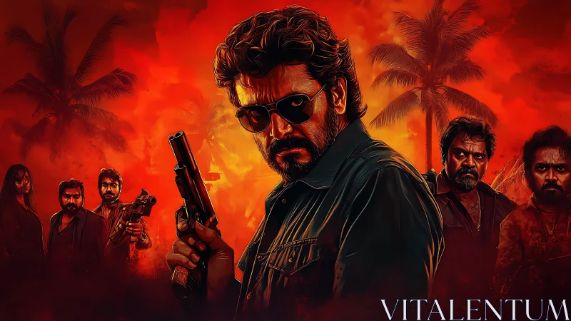 Gun-wielding man in sunglasses with group against red sky.