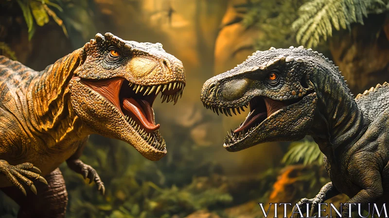 Roaring dinosaur rivals share a dramatic jungle standoff moment