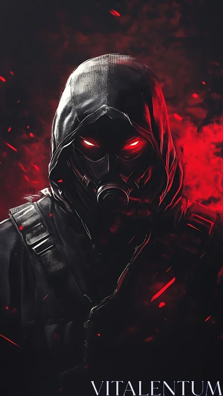 Hooded gas mask warrior glares through red inferno haze