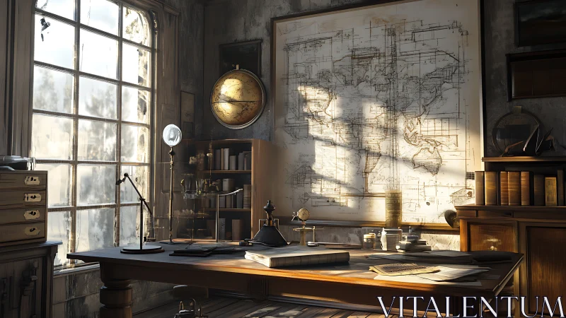 Sunlit vintage cartography studio captures scholarly quiet