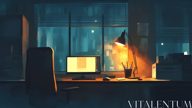 Digital painting of nocturnal coder workspace with moody lighting.