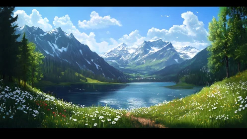 Mountain lake valley under clear blue summer sky.