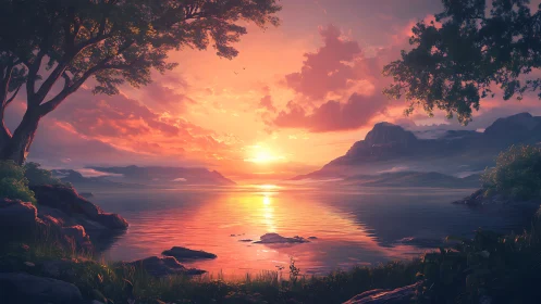 Radiant lake sunset glows between tranquil forested mountains