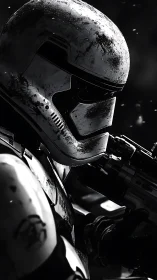 Battle-worn sci fi trooper stands ready in stark shadows