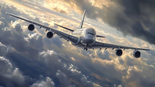 Massive passenger jet cuts through dramatic sunset clouds.