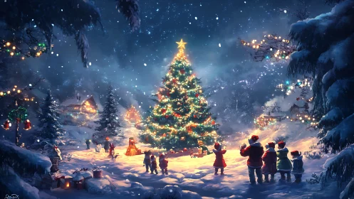 Children gather around large snowy village Christmas tree.