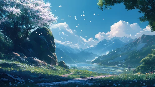 Digital painting landscape with alpine lake and blossom tree.