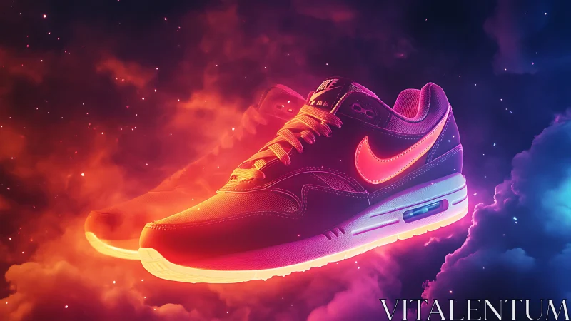 Neon gradient running sneaker in glowing cosmic vapor field