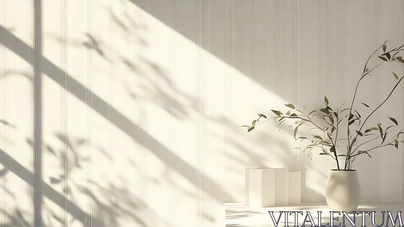 Sunlit shadows dance with minimalist vase and quiet leaves.