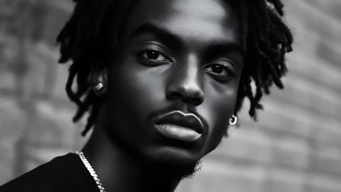 Monochrome close portrait of young man outdoors.
