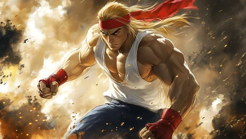 Dynamic muscular brawler amid explosive particulate field.