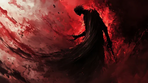 Dark figure framed by swirling red and black energy forms.